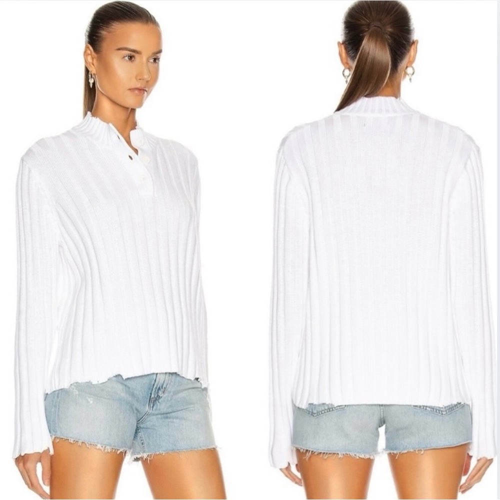 RtA Abigail Polo Sweater White Frayed Ribbed Knit Henley Long Sleeve Small NWT